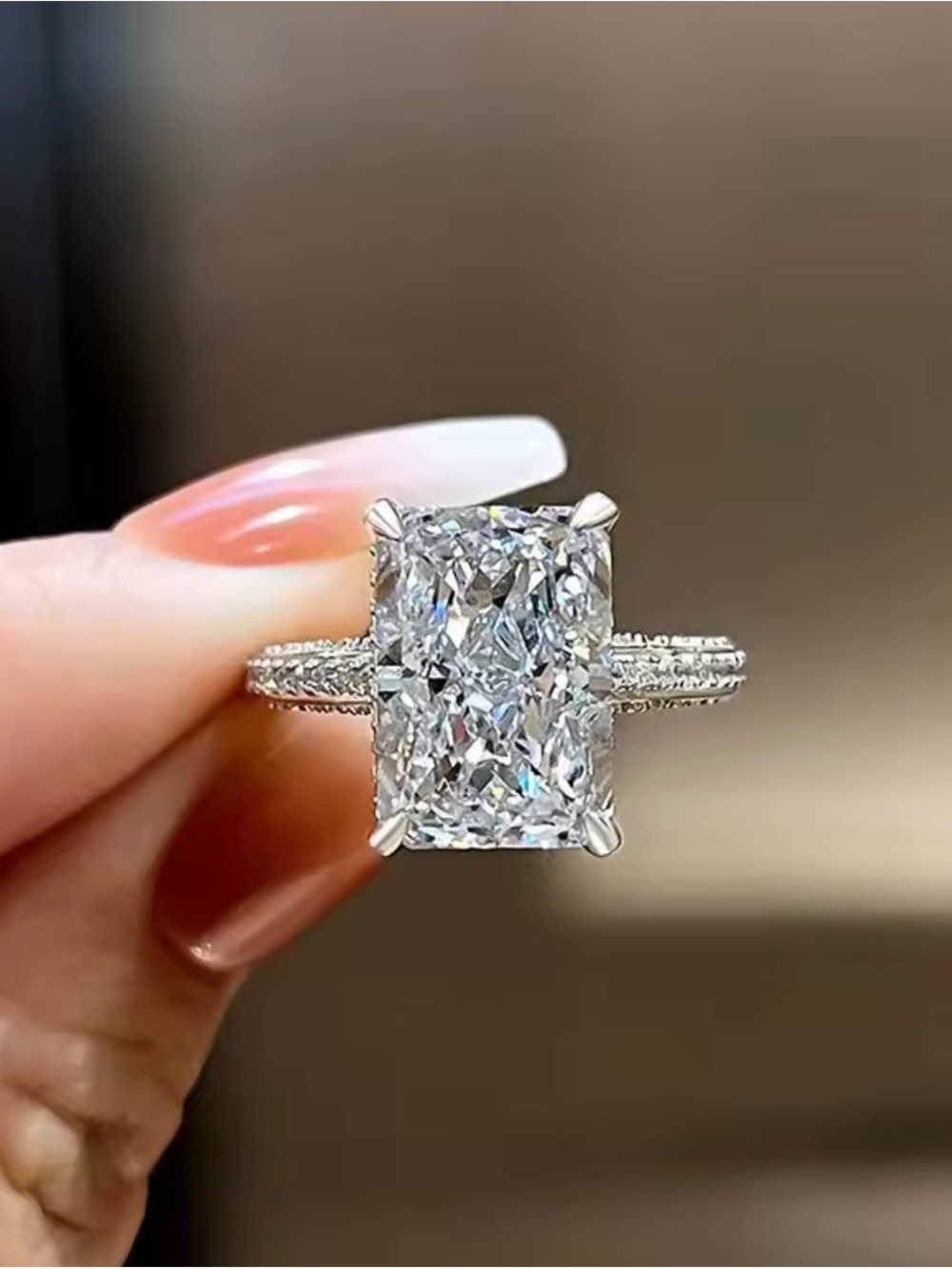 NWT-S925 7Ct Elongated CZ Radiant Cut Engagement Ring in Pave Setting